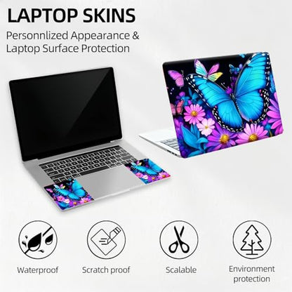 Neon Butterfly Purple Bloom Universal Laptop Skin Sticker 3PCS, Protective Decal Trim-to-Fit 11.6" 13.3" 14" 15.6" Laptop Vinyl Cover, Removable Anti-Scratch Computer Decal Protector - color: Neon Butterfly Purple Bloom