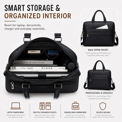 Men's Leather Laptop Bag 15 IN, Water-Resistant Briefcase Messenger Bag for Work, Business, Shoulder Crossbody Office Satchel - color: Black
