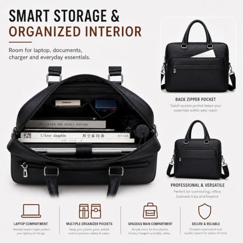Men's Leather Laptop Bag 15 IN, Water-Resistant Briefcase Messenger Bag for Work, Business, Shoulder Crossbody Office Satchel - color: Black