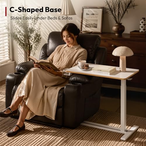 SANODESK Medical Adjustable Overbed Bedside Table with Hidden Casters, Pneumatic Mobile Laptop Computer Standing Desk Cart Overbed Table with Tray, Hospital and Home Use(27.6" W x 15.7" D, White) - color: White Maple, size: Small