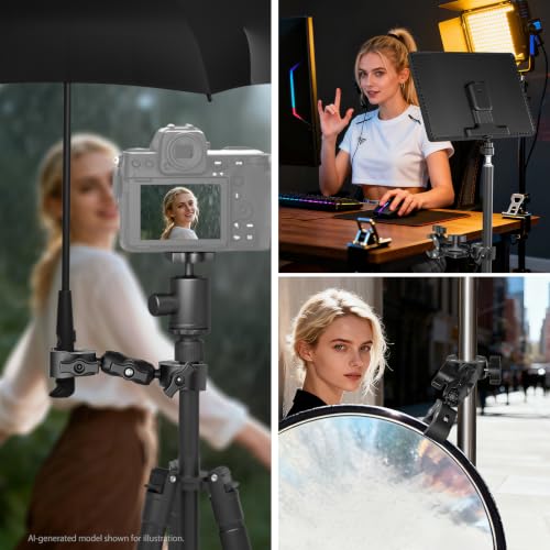 NEEWER Double Super Clamp Mount with Magic Arm, 360° Umbrella Flag Pole Clamp Holder for Desk Photo Studio Light Stand Photography Reflector Scrim Cross Bar Motorcycle Handlebar Stroller Chair, CA160 - style: CA160