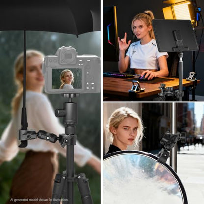 NEEWER Double Super Clamp Mount with Magic Arm, 360° Umbrella Flag Pole Clamp Holder for Desk Photo Studio Light Stand Photography Reflector Scrim Cross Bar Motorcycle Handlebar Stroller Chair, CA160 - style: CA160
