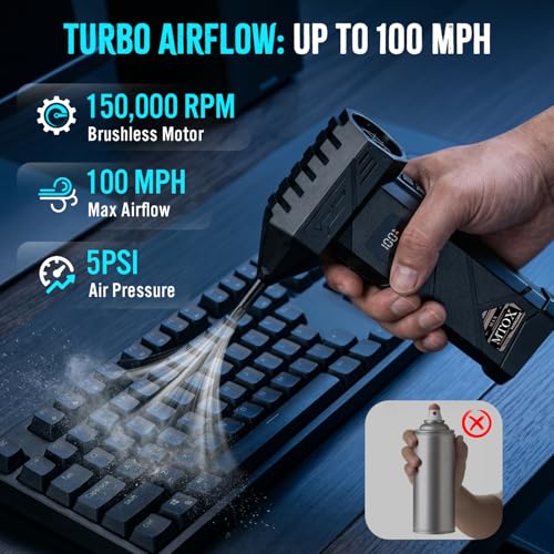 MTOX Compressed Air Duster, 2 Swappable Battery,150,000RPM Super Power Rechargeable Electric Air Duster, Blower, 2in1 Vacuum, 4-Gear Adjustable, LED, for Keyboard, PC, Car, Home (Frosted Black) - color: Frosted Black