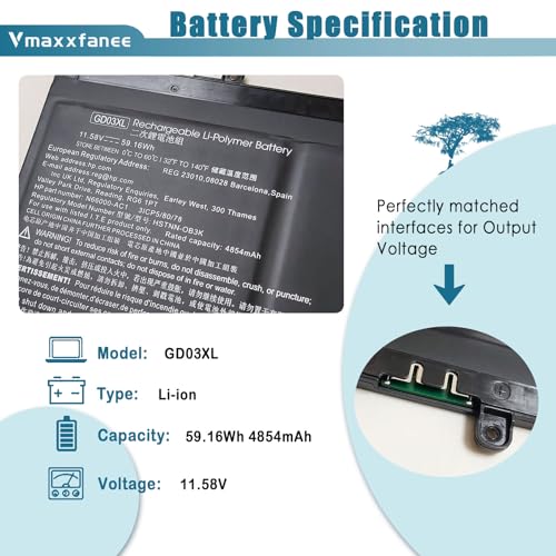 GD03XL N66215-005 Battery Replacement for HP Envy x360 14 2-in-1 14-fa0000/ OmniBook X 14/ EliteBook Ultra G1q Series Notebook N66000-AC1 N66000-1E1 11.58V 4854mAh 59.16Wh - size: 10.10*4.08*0.15inch GD03XL