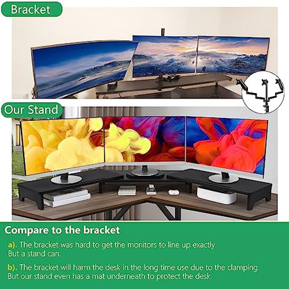 Nnewvante Monitor Stand Riser, 60 inch Large Bamboo Dual Monitor Stand for Desk, 3 Shelves Desktop Screen Riser with Adjustable Length Angle for Computer Laptop PC,Black