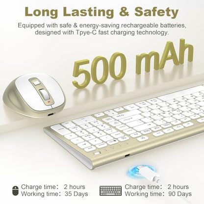 Rechargeable Wireless Keyboard and Mouse with Number Pad Gold | Quiet Silent, Slim Thin Flat Low Profile Soft Key, USB C, with Skin Cover, Ergonomic Mouse, for Mac Windows PC, Home Office - color: Gold