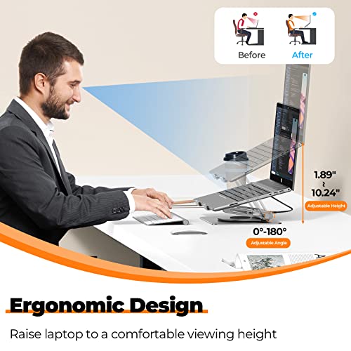 Tobenone Laptop Docking Station Stand for MacBook Pro/Air/Dell/HP/Surface/Lenovo, Mac Docking Station with 4K HDMI, USB 3.0, RJ45, PD 3.0, USB C Laptop Stand Hub for Desk with 360 Rotating Base Grey