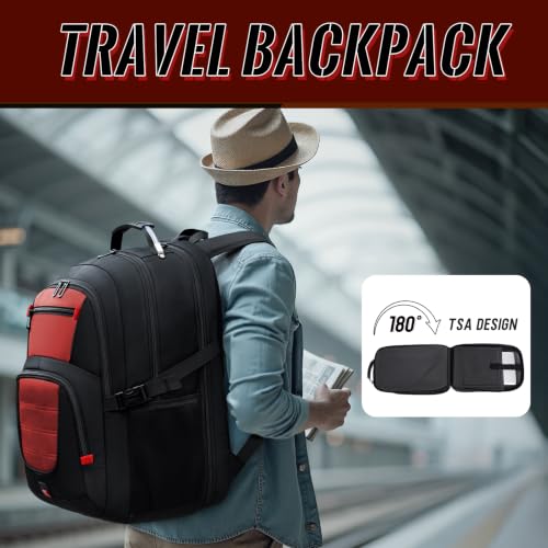 55L Gaming Laptop Backpack, Fits 18.4-19" Laptop, Red | 180° TSA-Friendly Carry On Design with Padded Laptop Compartment, Water-Resistant, Adjustable Strap, Handle for Men Women - color: Red, size: 18.4 Inch（21.6"x15.4"x9.8"）