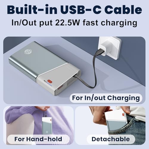 Aaoyun Portable Charger Power Bank, 20000mAh 22.5W PD Fast Charging Powerbank with Built-in USB C Cable, External Phone Battery Pack for iPhone 17/16/15 Samsung S24 Android etc - color: Blue-20000mah