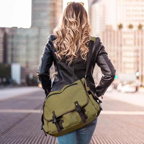 15.6 Inch Laptop Messenger Bag for Men Women, Canvas Computer Shoulder Bag, Work Briefcase for Business College Travel | Anti-theft Design - color: Green