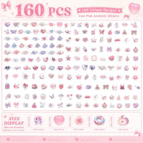 160 Pcs Pink Aesthetic Sticker Coquette Stickers, Cute Butterfly Cake Waterproof Vinyl Stickers, Decorative Decals for Laptop Journal Scrapbook Phone Luggage and Water Bottle
