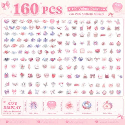 160 Pcs Pink Aesthetic Sticker Coquette Stickers, Cute Butterfly Cake Waterproof Vinyl Stickers, Decorative Decals for Laptop Journal Scrapbook Phone Luggage and Water Bottle