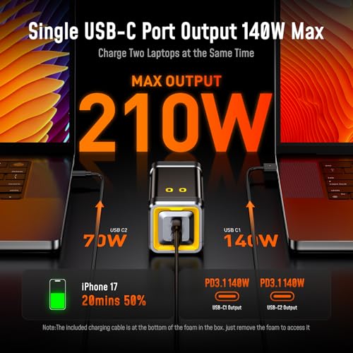 AOHI 210W PD3.1 PPS Power Bank 10000mAh, Dual 140W USB-C Ports Fast Charging Portable Charger with Smart Display, The Future Starship 37Wh Battery Pack for MacBook Pro/Air, iPad, iPhone 17,Galaxy,Gray