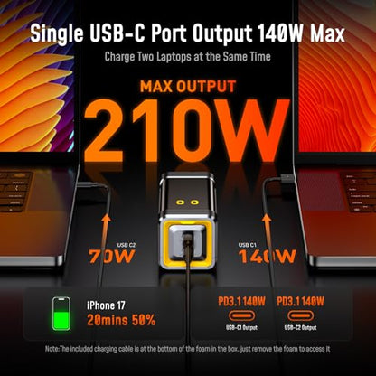 AOHI 210W PD3.1 PPS Power Bank 10000mAh, Dual 140W USB-C Ports Fast Charging Portable Charger with Smart Display, The Future Starship 37Wh Battery Pack for MacBook Pro/Air, iPad, iPhone 17,Galaxy,Gray