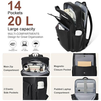 16 inch Vegan Leather Laptop Backpack with USB Charger | Smart Computer Backpack For Men and Women,Back Pocket Convert Luggage Sleeve,20L Large Capacity,Business Work Office College - color: Two-toned Black