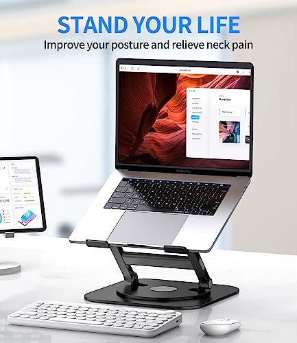 AOEVI Adjustable Laptop Stand with 360 Rotating Base, Stable Computer Stand for Laptop Ergonimic Foldable Laptop Riser for Desk Compatible with MacBook Pro/Air Notebook up to 16 Inches, Black - color: Black