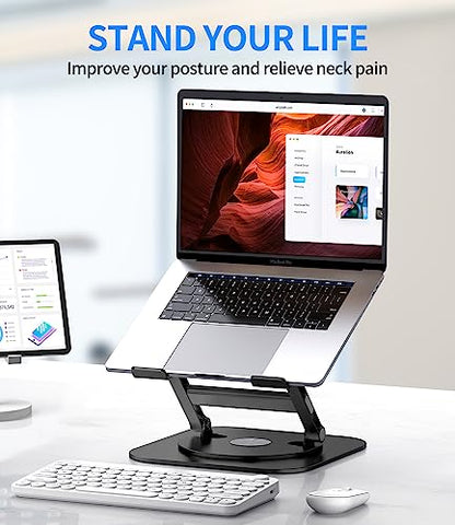 AOEVI Adjustable Laptop Stand with 360 Rotating Base, Stable Computer Stand for Laptop Ergonimic Foldable Laptop Riser for Desk Compatible with MacBook Pro/Air Notebook up to 16 Inches, Black - color: Black