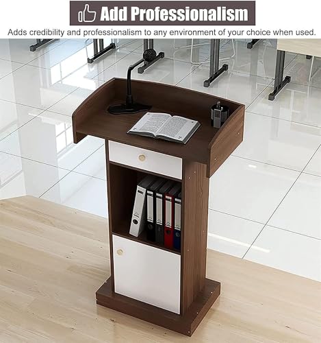 Wooden Standing Lectern with Open Storage and Spacious Drawer Laptop Desk and Conference Table Podium Stand