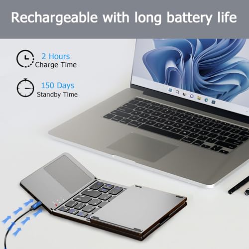 Foldable Bluetooth Keyboard with Touchpad, Ultra Slim Portable Wireless Keyboard with Rechargeable Battery for Android Windows iOS Tablets Laptop-Space Gray