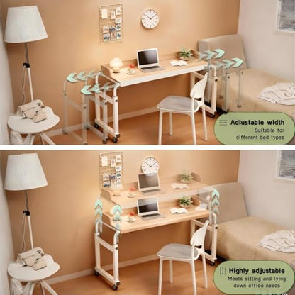 Overbed Table with Wheels and Desktop Enclosure, Height and Length Adjustable Over Bed Desk King Queen Bed Table Overbed Laptop Table (Walnut) - color: Walnut