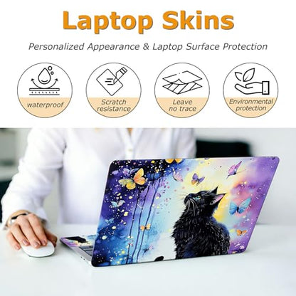 Universal Laptop Skin Sticker with 2 Wrist Pad Decals, 3-Piece Removable Vinyl Laptop Cover, Butterfly Black Cat Waterproof Anti-Scratch, Easy-Trim Fit for 13.3" 14" 15.6" Laptops - color: Butterfly Black Cat