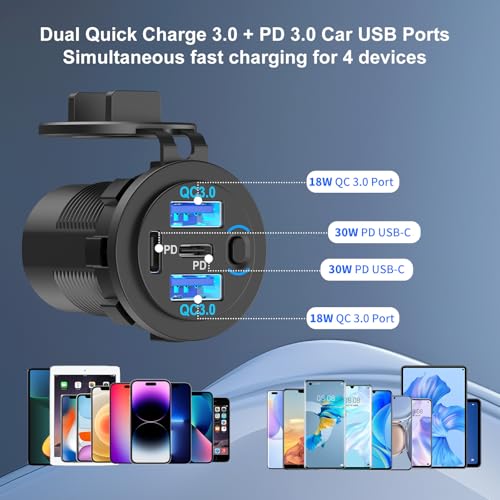 4 Port 12V USB Outlet Marine Switch Panel 12 Volt Plug, Dual PD30W and Dual QC18W USB Ports Car Charger with Switch, Waterproof 150W Cigarette Lighter Socket 2 in 1 DIY Kit for Car Marine Boat RV ATV