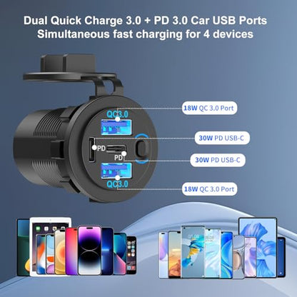 4 Port 12V USB Outlet Marine Switch Panel 12 Volt Plug, Dual PD30W and Dual QC18W USB Ports Car Charger with Switch, Waterproof 150W Cigarette Lighter Socket 2 in 1 DIY Kit for Car Marine Boat RV ATV