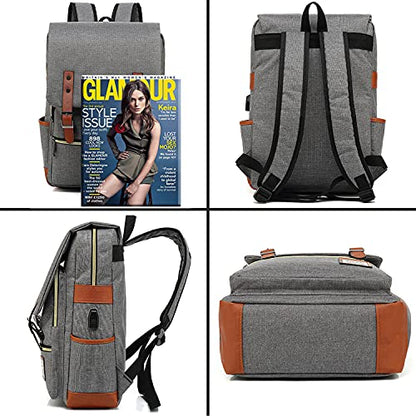 UGRACE Laptop Backpack, Grey, Unisex, 15.6" Laptop Compartment, 6 Compartments, USB Charge Port, Adjustable Shoulder Strap, PU Leather Belt - color: Grey