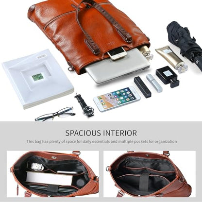 Lassviin Laptop Tote Bag, Leather Work Tote for Computer Bag Waterproof Lightweight Shoulder Bag Purse Handbag Crossbody Bag - color: Brown - Large