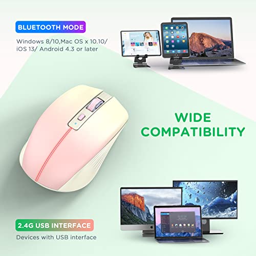RAPIQUE Bluetooth Wireless Mouse, Rechargeable Multi-Device Computer Mice (Tri-Mode: BT1/BT2+2.4Ghz) with USB Receiver, Ergonomic Portable Mouse for Laptop, MacBook, PC, iMac, iPad(Khaki to Pink) - color: Gradient Khaki to Pink