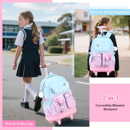 ACESAK Rolling Backpack for Girls - Roller Wheels School bag with Lunch Bag & Pencil Pouch for Teen Girls Kids Wheeled Suitcase Backpacks, Elementary Middle School Travel Daypack(Blue Purple) - color: Blue Purple