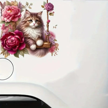 Rose Swing Cat PVC Vinyl Car Decals Stickers Waterproof Self-Adhesive Decals for Cars, Laptops, Trucks, Motorcycles Wall Window Luggage Scratch Cover Door Decor Sticker