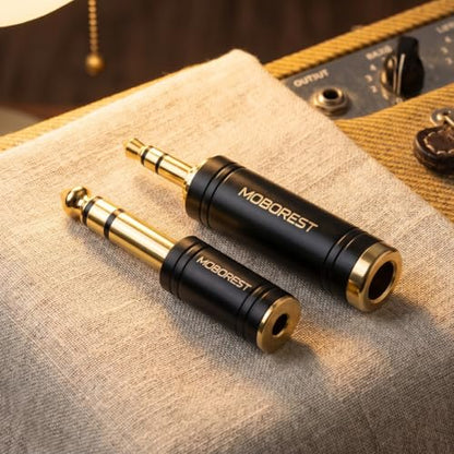 MOBOREST 3.5mm to 1/4 (6.35mm) Stereo Pure Copper Headphone Adapter, 2PCS | 1/8 Male to 1/4 Female & 3.5 F to 6.35 M Bidirectional audio adapter for Guitar Amp, Mixer, Piano keyboard, Studio Home Audio - color: BLACK