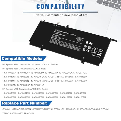 SP04XL L28764-005 Laptop Battery for HP Spectre X360 13-AP0000 13-ap0xxx 13-ap0013dx 13-ap0023dx 13-ap0033dx 13-ap0053dx 13-ap0000na 13t-AP000 CTO SP04061XL HSTNN-IB8R HSTNN-OB1B L28538-AC1 TPN-Q203 - size: 11.1*4.17*0.19inch SP04XL