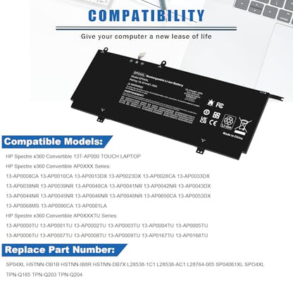 SP04XL L28764-005 Laptop Battery for HP Spectre X360 13-AP0000 13-ap0xxx 13-ap0013dx 13-ap0023dx 13-ap0033dx 13-ap0053dx 13-ap0000na 13t-AP000 CTO SP04061XL HSTNN-IB8R HSTNN-OB1B L28538-AC1 TPN-Q203 - size: 11.1*4.17*0.19inch SP04XL