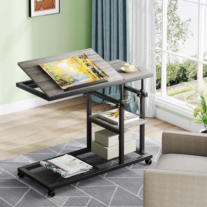 Tribesigns Height Adjustable C Table with Wheels, Mobile Couch Snack Side Table with Tiltable Drawing Board, Sofa Bedside Laptop Stand C Shaped TV Tray with Storage Shelves (Grey) - color: Grey+black