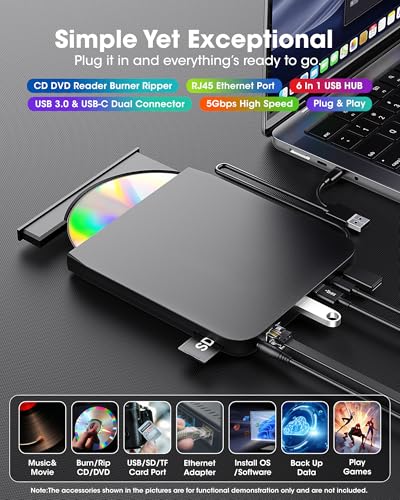 ROOFULL External CD DVD Drive with Ethernet Adapter, USB Hub, SD Slot, Case | 9 in 1 New USB 3.0 & USB-C Portable CD/DVD Optical Disc Drive Burner Reader Writer Player for Windows 11/10, Mac, Linux PC - style: 9 In 1 Drive + Carrying Case