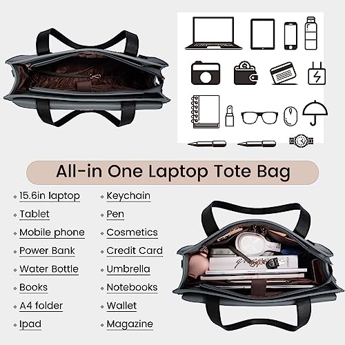 LOVEVOOK Laptop Tote for Women - 15.6 Inch Professional Leather Computer Briefcase - Waterproof Shoulder Bag - Large Capacity Business Teacher Office Bag - Crossbody Purse - color: 1# Black/Iron Gray, size: 15.6 Inch