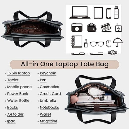LOVEVOOK Laptop Tote for Women - 15.6 Inch Professional Leather Computer Briefcase - Waterproof Shoulder Bag - Large Capacity Business Teacher Office Bag - Crossbody Purse - color: 1# Black/Iron Gray, size: 15.6 Inch