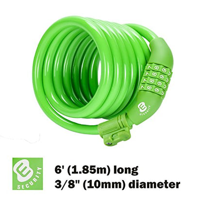 Etronic Bike Lock M6, Cable Lock 6 Feet Long Coiled Security Resettable Combo Combination Lock Bicycle Lock with Mounting Bracket - color: Green
