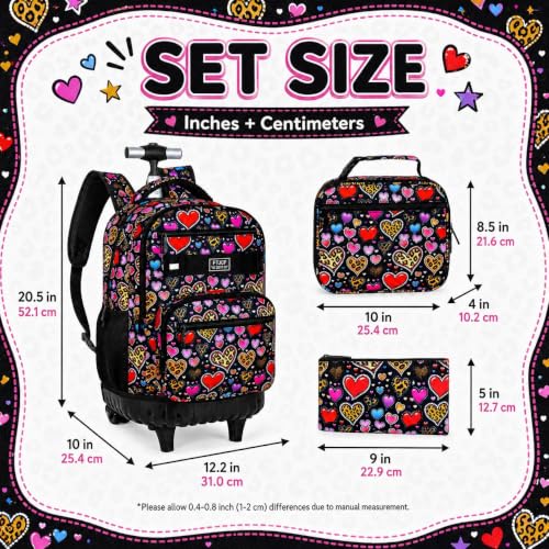 3Pcs Rolling Backpack for Girls, 19 Inche Women Roller Bag with Wheels for Adults, Wheeled Bookbag with Lunch Box(Brown) - color: Leopard Heart