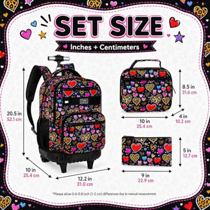 3Pcs Rolling Backpack for Girls, 19 Inche Women Roller Bag with Wheels for Adults, Wheeled Bookbag with Lunch Box(Brown) - color: Leopard Heart