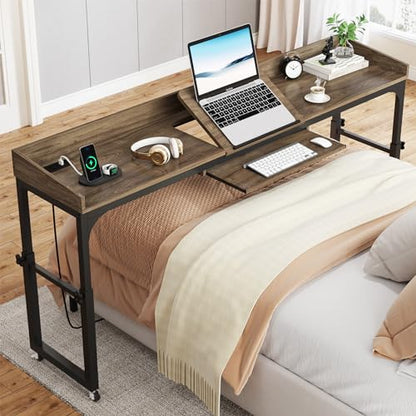 Tribesigns Height Adjustable Overbed Table with Wheels, Queen Size Over Bed Desk with Adjustable Tilt Stand, Mobile Laptop Cart Computer Desk with Outlets & USB Ports (Dark Gray) - color: Dark Gray