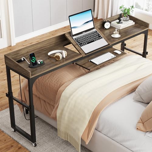 Tribesigns Height Adjustable Overbed Table with Wheels, Queen Size Over Bed Desk with Adjustable Tilt Stand, Mobile Laptop Cart Computer Desk with Outlets & USB Ports (Dark Gray) - color: Dark Gray