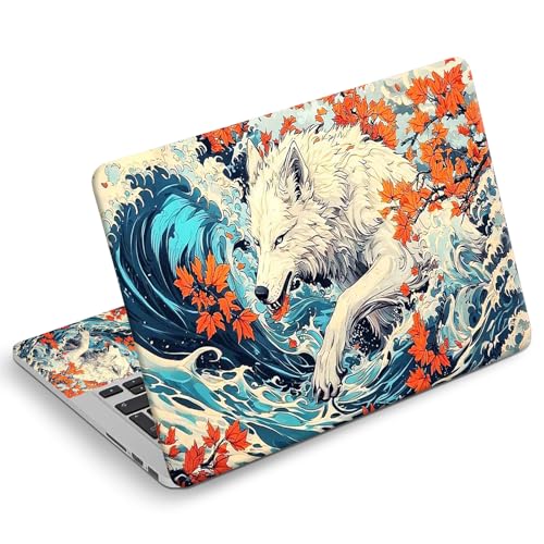 Universal Laptop Skin Sticker Decal, Compatible with MacBook HP Dell Lenovo 12"-15.6", Reusable Vinyl Notebook Cover 3PCS Set, High-Recognition Film-White Wolf in the Waves - color: White wolf in the waves