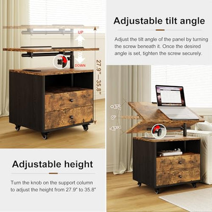 Bedroom Nightstand with Drawers & Charging Station, Adjustable Height Bedside Table with Wheels, Wooden Small Sofa Side Tables with Storage for Living Room, Rustic Brown - color: [A3] Rustic Brown