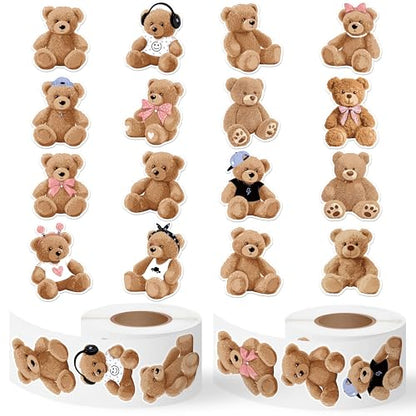 CNhoqc Realistic Teddy Bear Sticker Rolls, 1000pcs, 2 Rolls, 16 Designs | Toy Bear Decorative Decals, Self Adhesive, Waterproof Vinyl, Water Bottle Laptop, Birthday Party Favor, Greeting Card Making - style: Cute Teddy Bear
