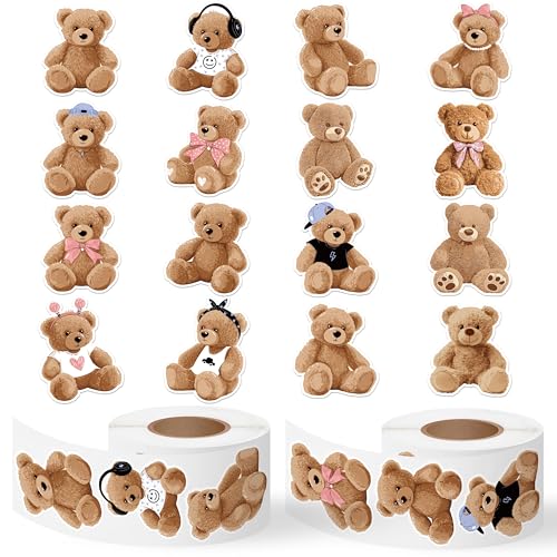 CNhoqc Realistic Teddy Bear Sticker Rolls, 1000pcs, 2 Rolls, 16 Designs | Toy Bear Decorative Decals, Self Adhesive, Waterproof Vinyl, Water Bottle Laptop, Birthday Party Favor, Greeting Card Making - style: Cute Teddy Bear