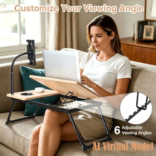 Lap Desk with Tablet Holder for Bed and Sofa, Wood Fin | Fits Laptops up to 17 inch, Built-in Cup Holder, Gooseneck Phone Stand, Extended Mouse Surface, Foldable Alloy Steel Legs - color: Natural