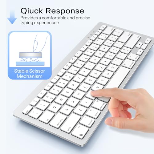 OMOTON Wireless Bluetooth Keyboard for Mac, USB-C Rechargeable, Compact | No Number Pad, Ergonomic Tilt, 14 macOS Hotkeys, For Backpack Travel Coffee Shop, for MacBook/iMac/Mac mini, Silverwhite